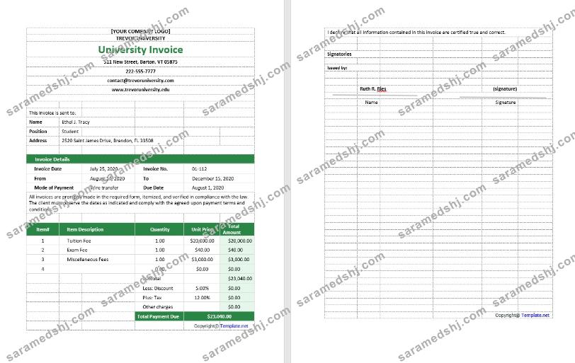 Blank University Invoice Template